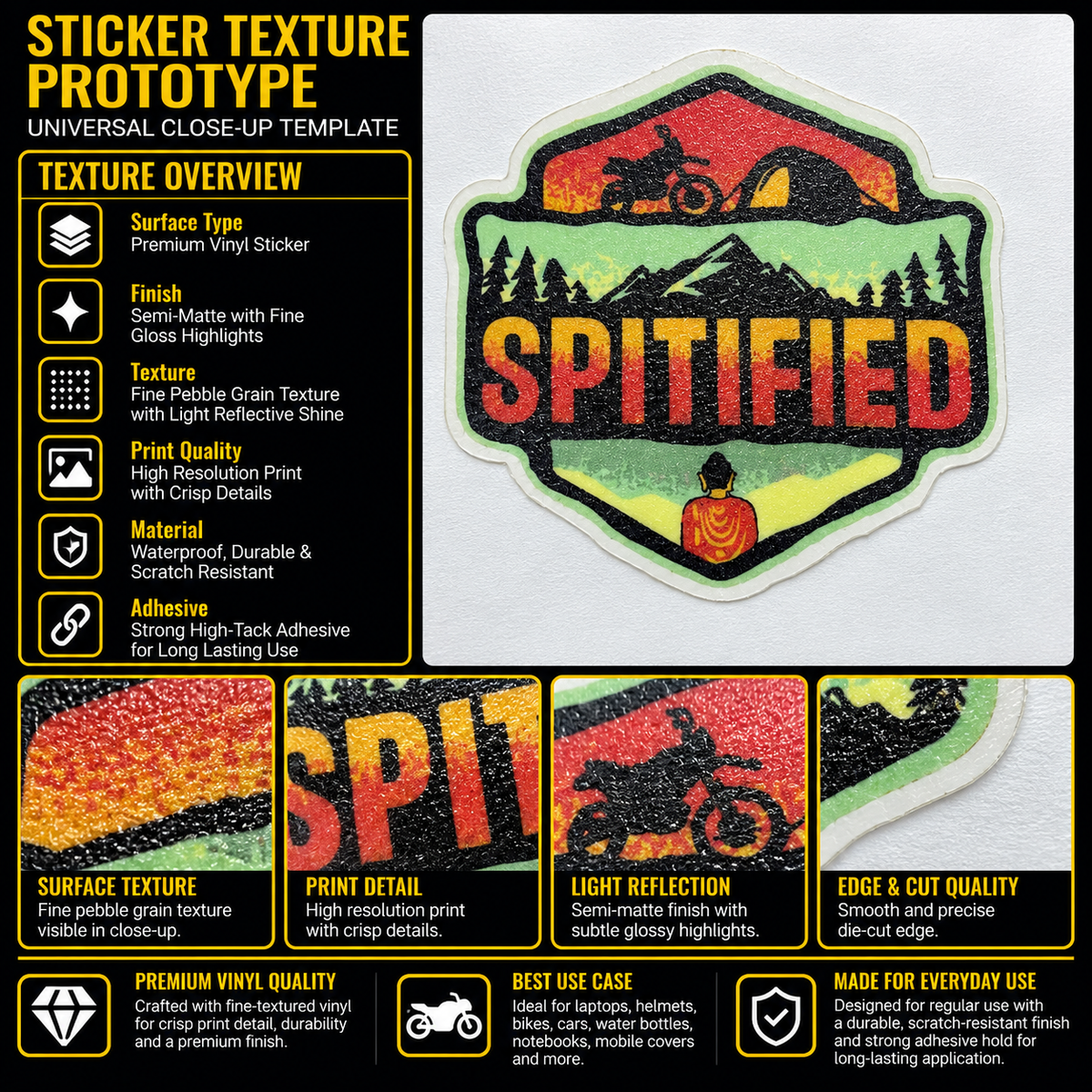 Spitified motorcycle sticker premium vinyl texture, print detail, semi-matte finish and die-cut edge quality infographic
