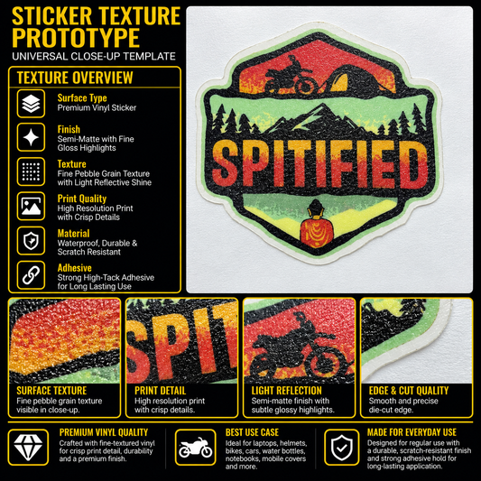 Spitified motorcycle sticker premium vinyl texture, print detail, semi-matte finish and die-cut edge quality infographic