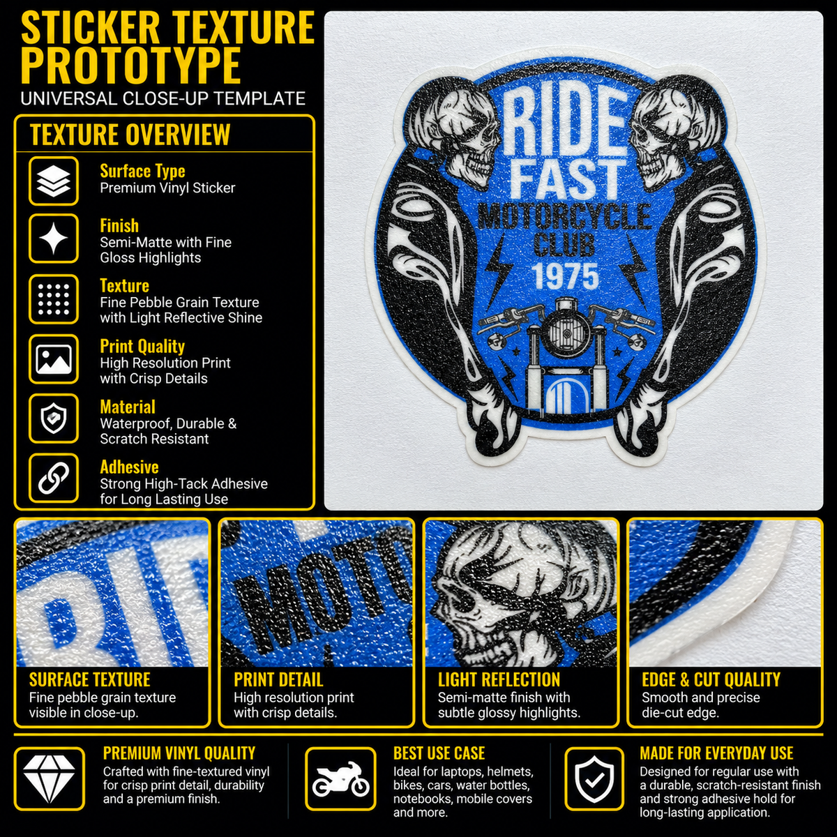 Ride Fast Motorcycle Club 1975 premium vinyl biker sticker texture infographic showing print detail, finish and die-cut edge
