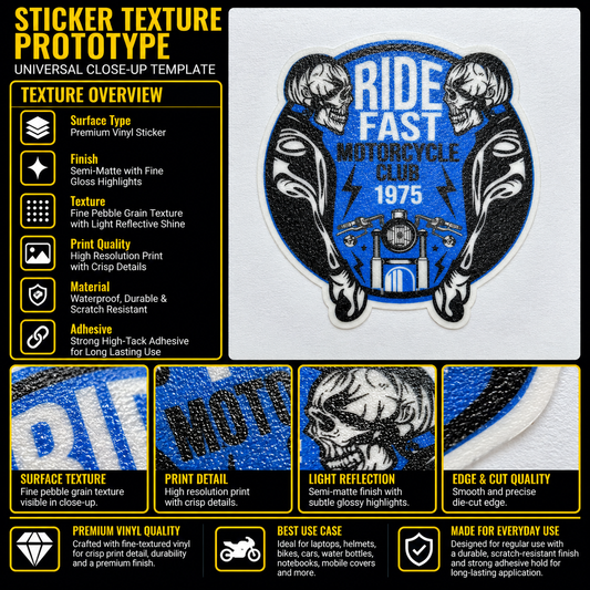 Ride Fast Motorcycle Club 1975 premium vinyl biker sticker texture infographic showing print detail, finish and die-cut edge