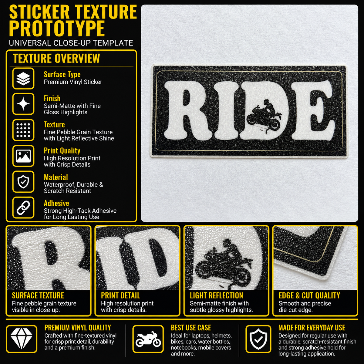 RIDE Motorcycle Sticker premium vinyl texture infographic showing semi-matte finish, crisp print detail and die-cut edge quality