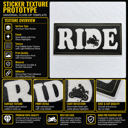 RIDE Motorcycle Sticker premium vinyl texture infographic showing semi-matte finish, crisp print detail and die-cut edge quality