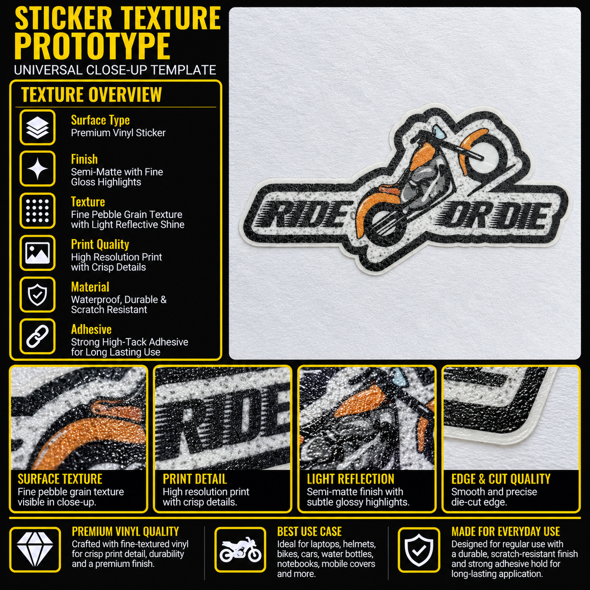 Ride or Die Motorcycle Sticker premium vinyl texture infographic showing print detail, semi-matte finish and die-cut edge