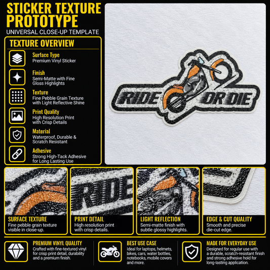 Ride or Die Motorcycle Sticker premium vinyl texture infographic showing print detail, semi-matte finish and die-cut edge