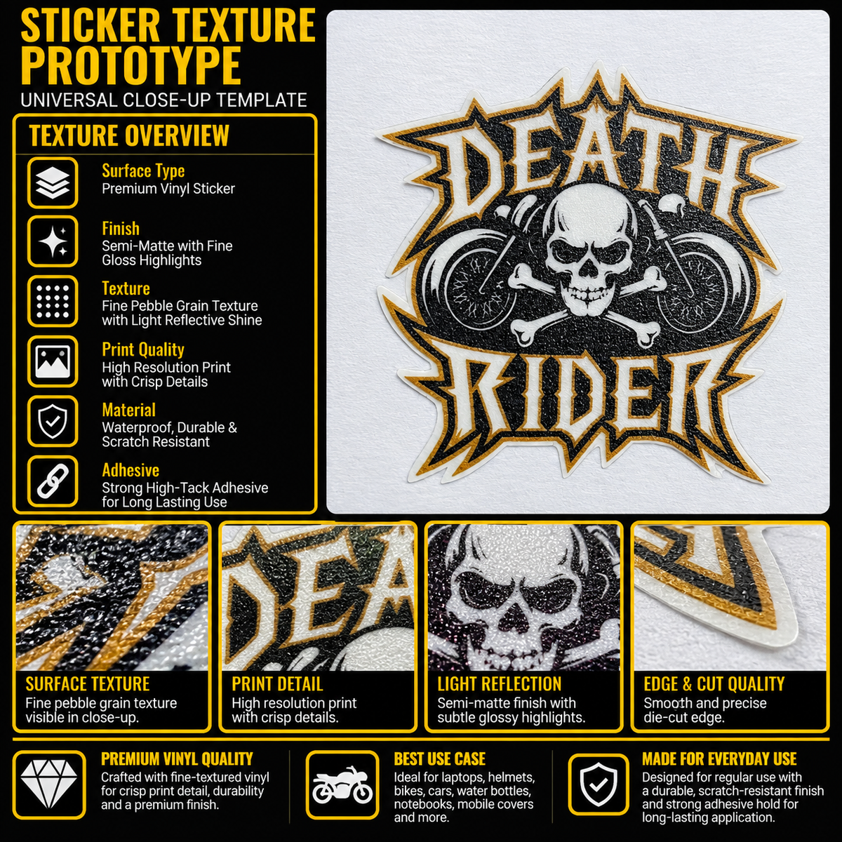 Death Rider premium vinyl sticker with skull, crossbones and motorcycle artwork, textured semi-matte finish and precision die-cut edge