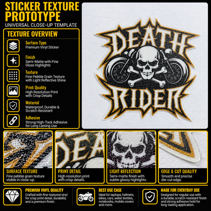 Death Rider premium vinyl sticker with skull, crossbones and motorcycle artwork, textured semi-matte finish and precision die-cut edge