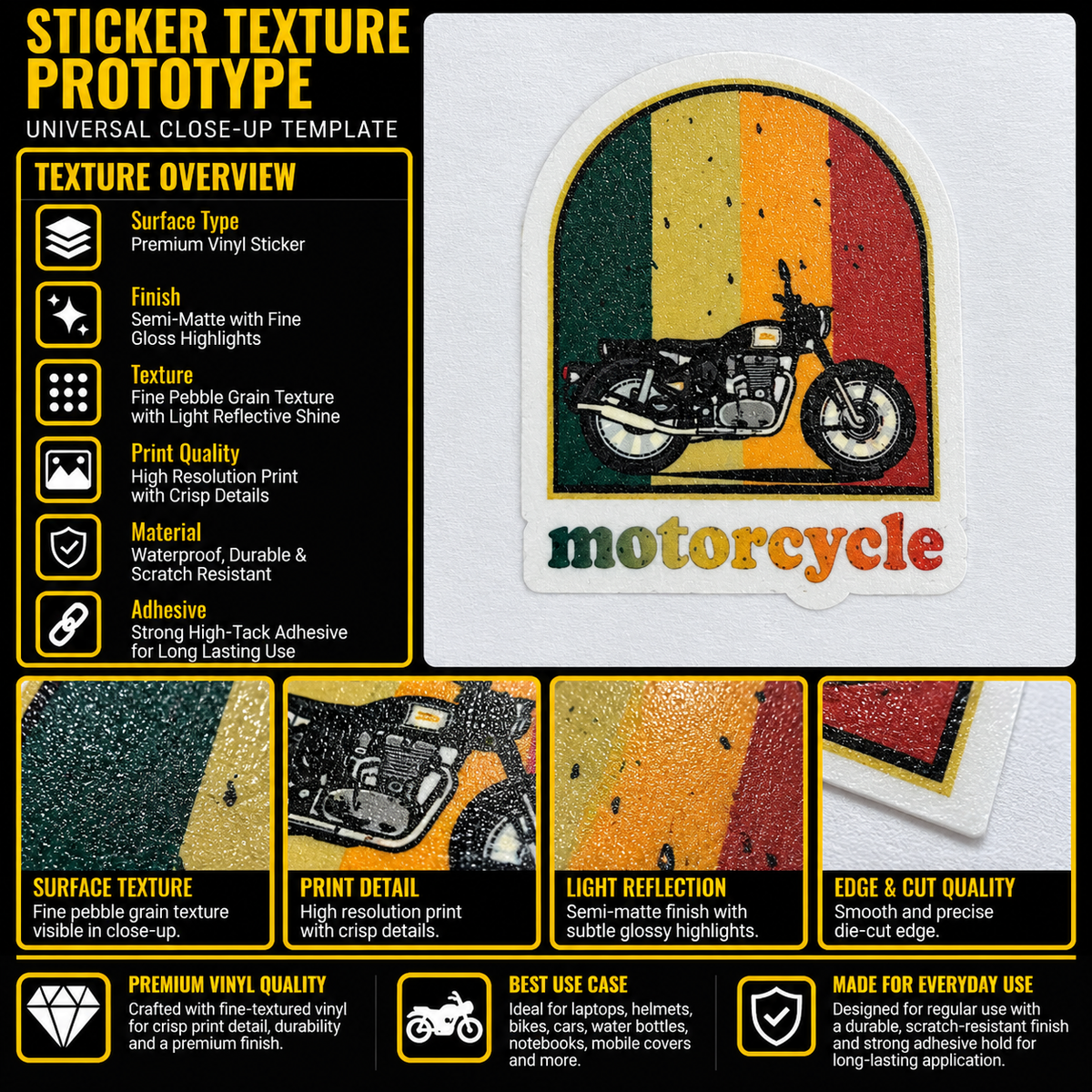 Motorcycle premium vinyl sticker texture infographic showing semi-matte finish, crisp print detail and smooth die-cut edge