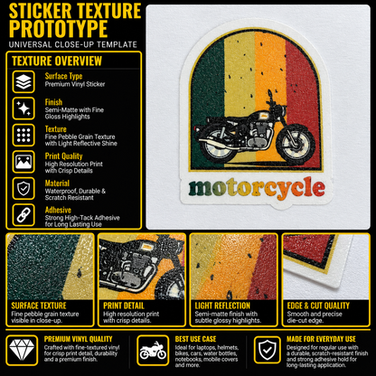 Motorcycle premium vinyl sticker texture infographic showing semi-matte finish, crisp print detail and smooth die-cut edge