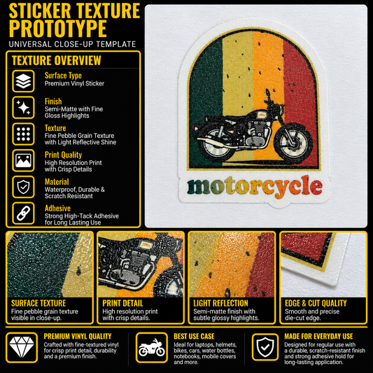 Motorcycle premium vinyl sticker texture infographic showing semi-matte finish, crisp print detail and smooth die-cut edge