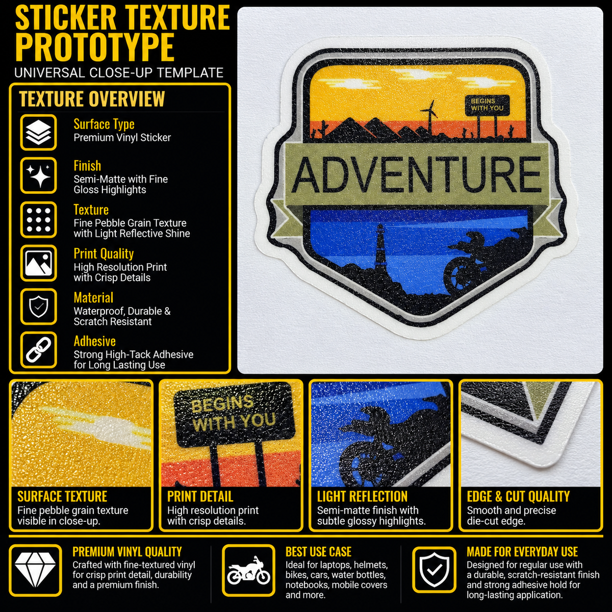 Adventure motorcycle sticker premium vinyl texture, print quality and die-cut edge detail infographic
