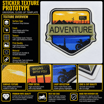 Adventure motorcycle sticker premium vinyl texture, print quality and die-cut edge detail infographic