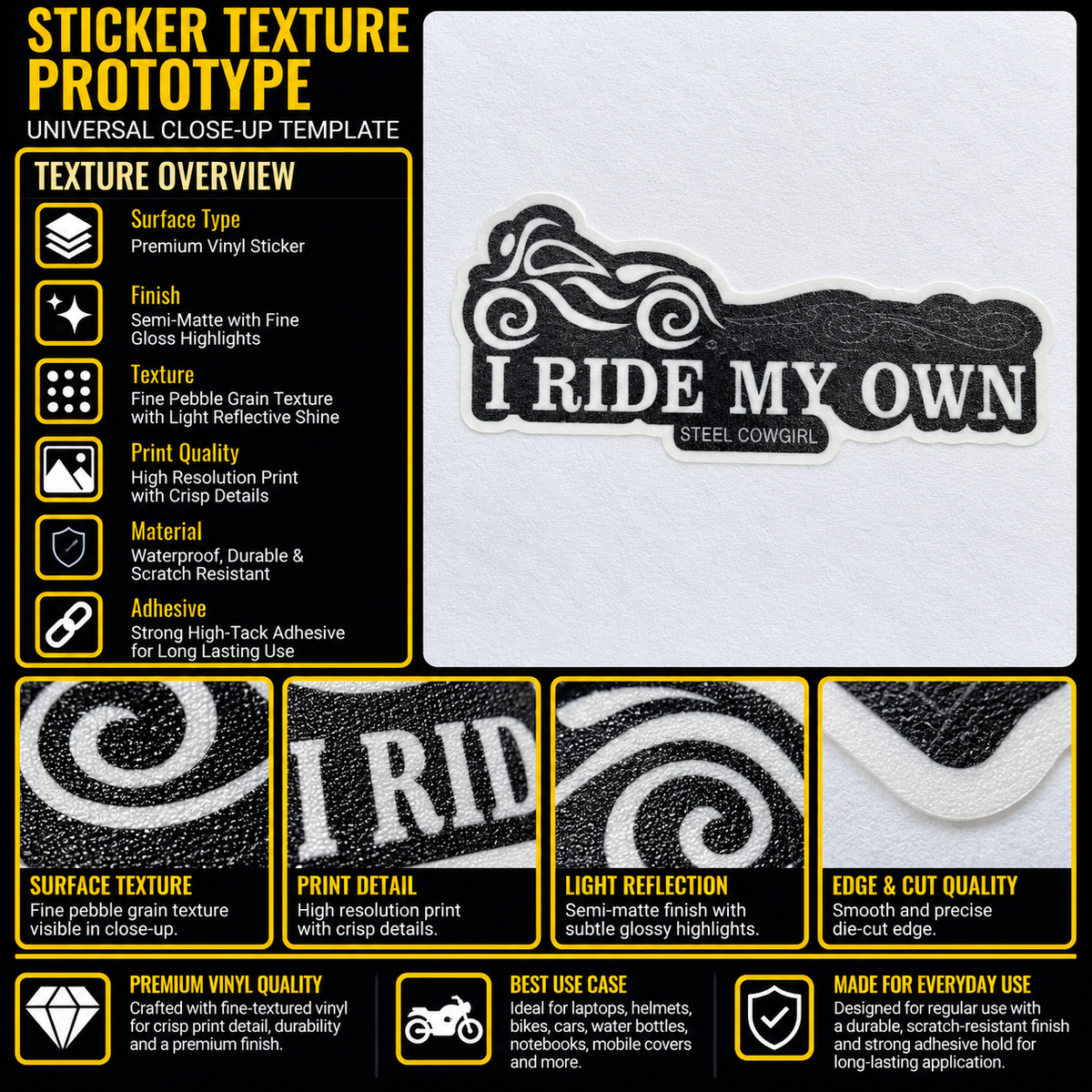 I Ride My Own Steel Cowgirl sticker texture infographic showing premium vinyl, semi-matte finish, fine pebble grain and crisp print details