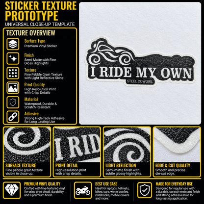 I Ride My Own Steel Cowgirl sticker texture infographic showing premium vinyl, semi-matte finish, fine pebble grain and crisp print details