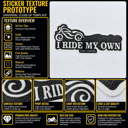 I Ride My Own Steel Cowgirl sticker texture infographic showing premium vinyl, semi-matte finish, fine pebble grain and crisp print details