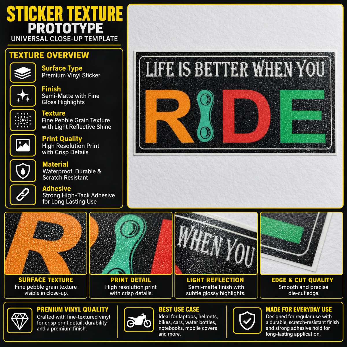 Life Is Better When You Ride sticker texture infographic showing premium vinyl, semi-matte finish, fine pebble grain and crisp print quality