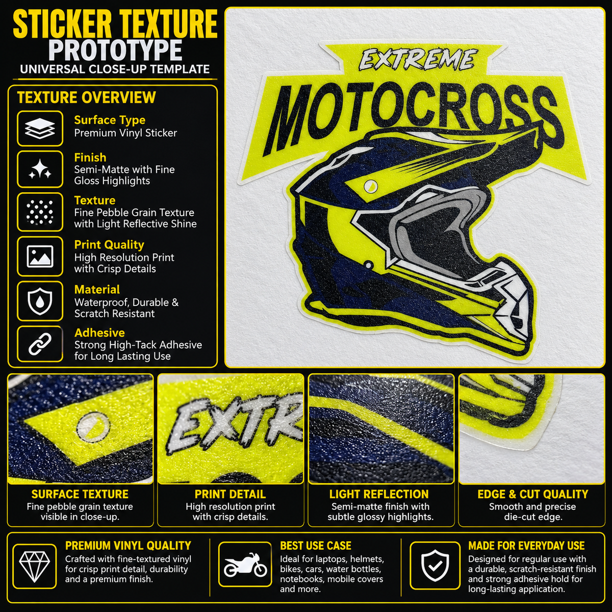 Extreme Motocross premium vinyl sticker with yellow black motocross helmet design and detailed textured finish