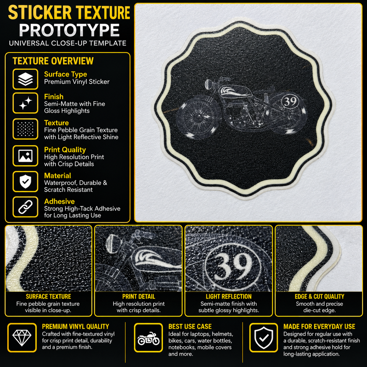 Wallpaper Background Bullet Type motorcycle sticker premium vinyl texture, vintage bike print and die-cut edge detail infographic