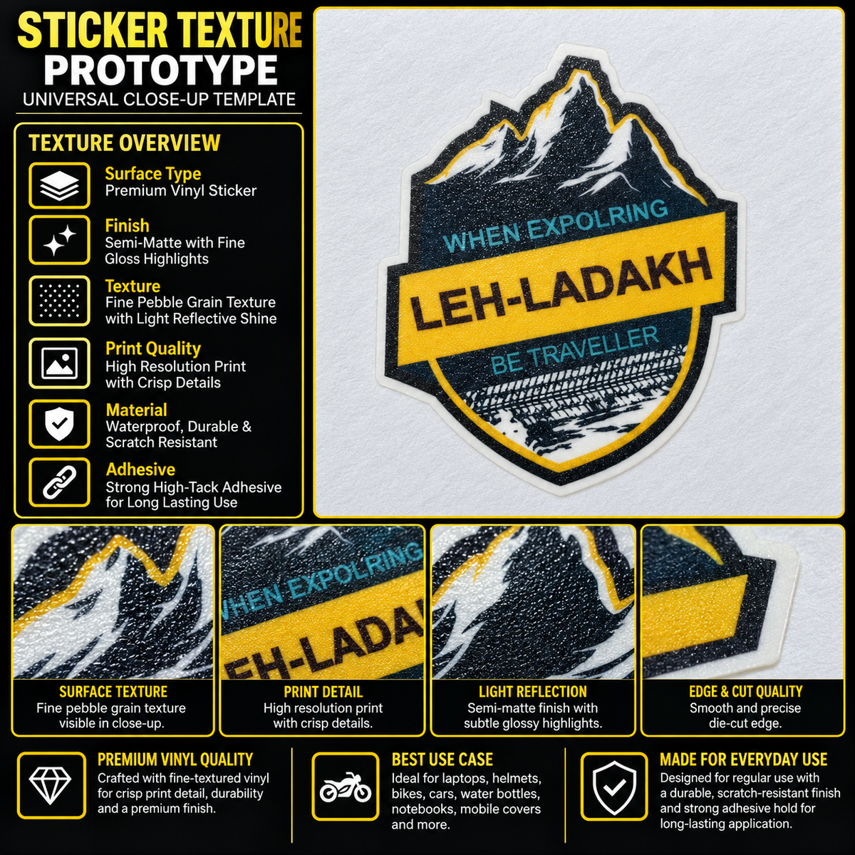 Leh Ladakh sticker texture infographic showing premium vinyl, semi-matte finish, fine pebble grain and high-resolution print quality