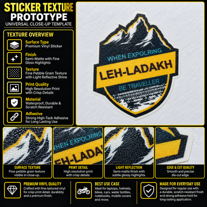 Leh Ladakh sticker texture infographic showing premium vinyl, semi-matte finish, fine pebble grain and high-resolution print quality