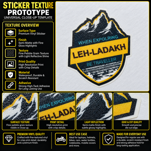 Leh Ladakh sticker texture infographic showing premium vinyl, semi-matte finish, fine pebble grain and high-resolution print quality
