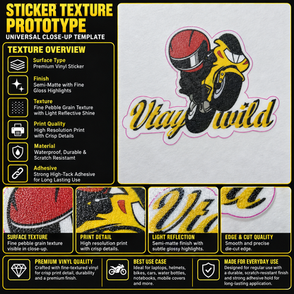 Stay Wild motorcycle sticker premium vinyl texture, print detail, semi-matte finish and die-cut edge quality infographic