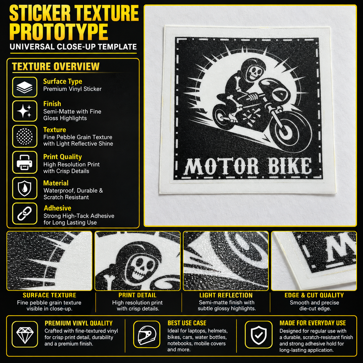 Motor Bike skeleton rider premium vinyl sticker texture infographic showing semi-matte finish, fine grain texture, print detail and die-cut edge