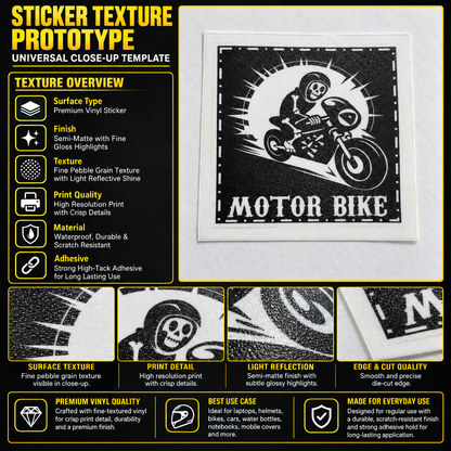 Motor Bike skeleton rider premium vinyl sticker texture infographic showing semi-matte finish, fine grain texture, print detail and die-cut edge