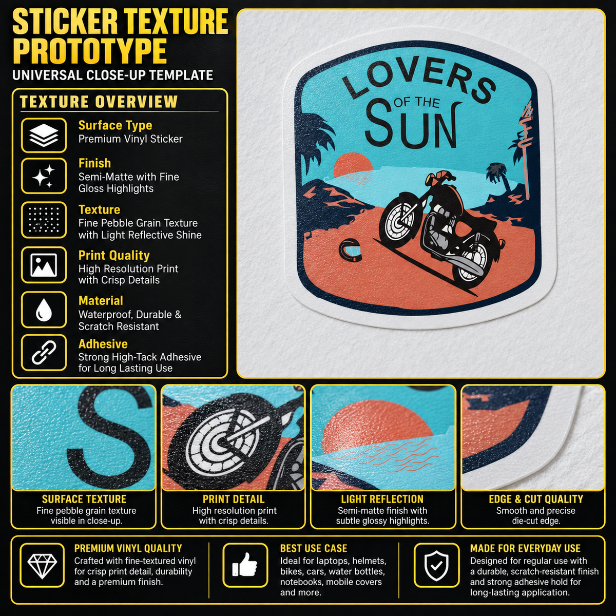 Lovers of the Sun motorcycle sticker texture infographic showing premium vinyl, semi-matte finish, fine pebble grain, crisp print and die-cut edge
