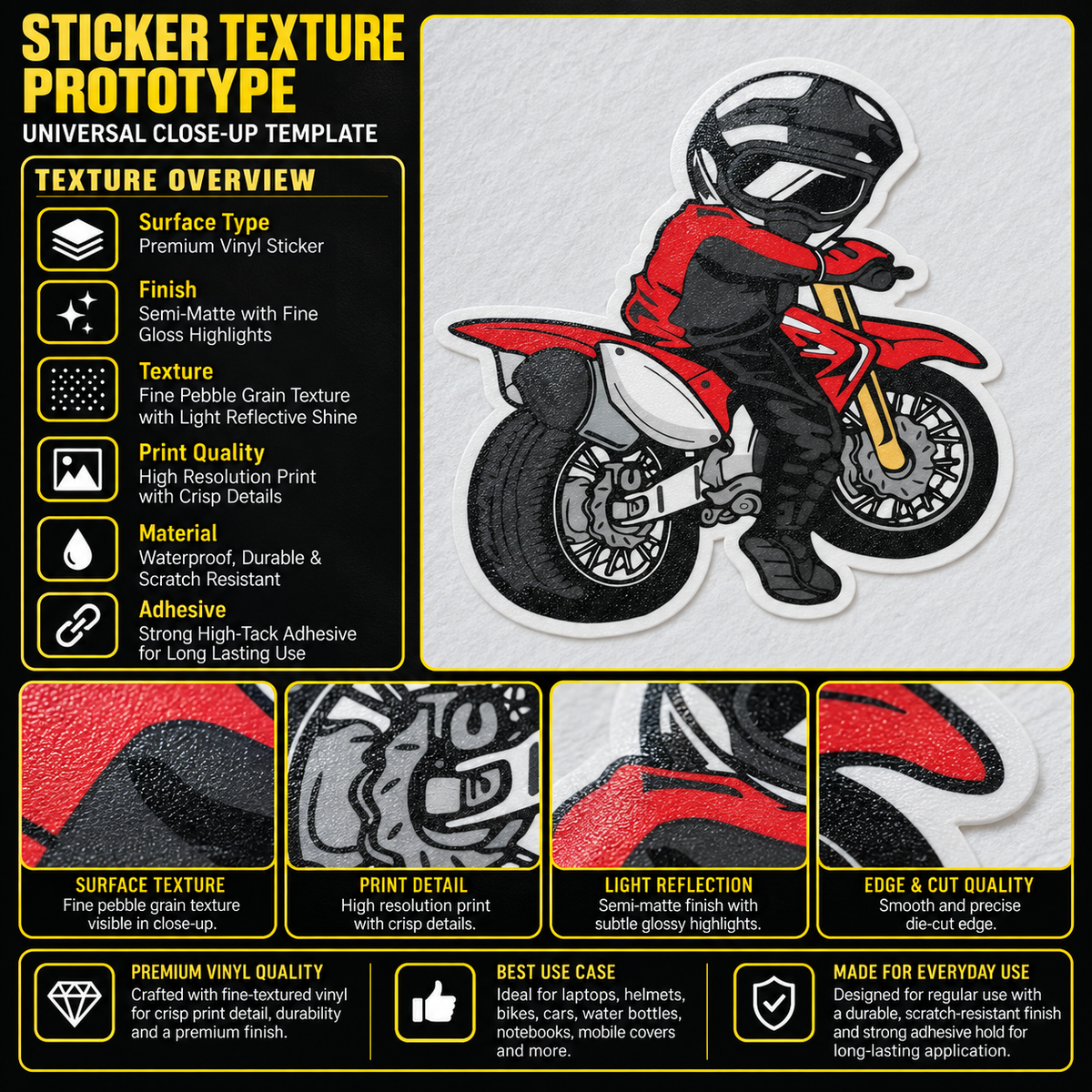 Biker Stop Look Behind premium vinyl sticker showing fine pebble grain texture, semi-matte finish, crisp print detail and precision die-cut edge