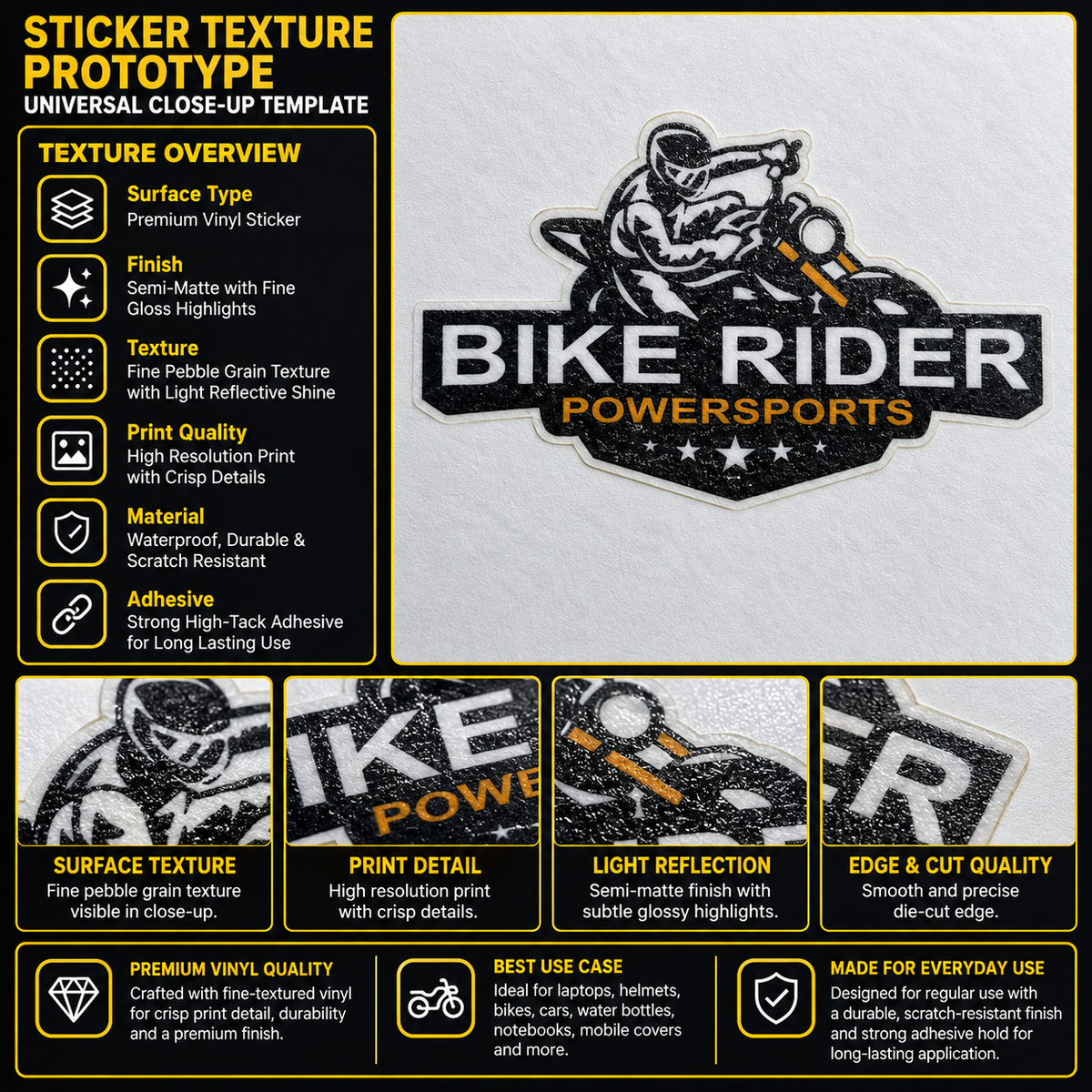 Bike Riders Powersports Sticker 2.5 inches wide and 1.4 inches high centered on motorcycle windshield with 15.75 x 16.54 inch windshield reference