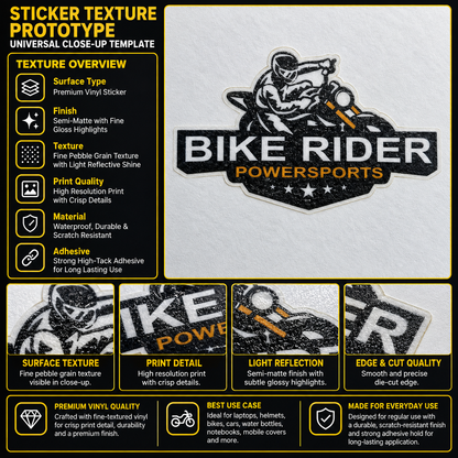 Bike Riders Powersports Sticker 2.5 inches wide and 1.4 inches high centered on motorcycle windshield with 15.75 x 16.54 inch windshield reference