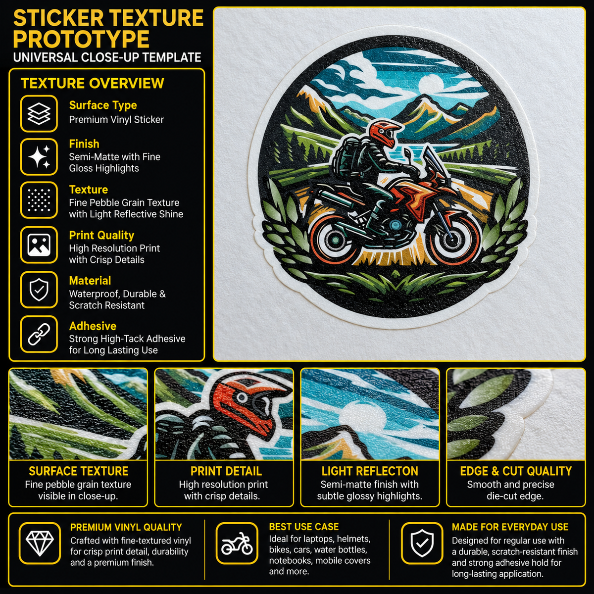 Flowers Circle Biker premium vinyl sticker texture, print quality, semi-matte finish and die-cut edge infographic