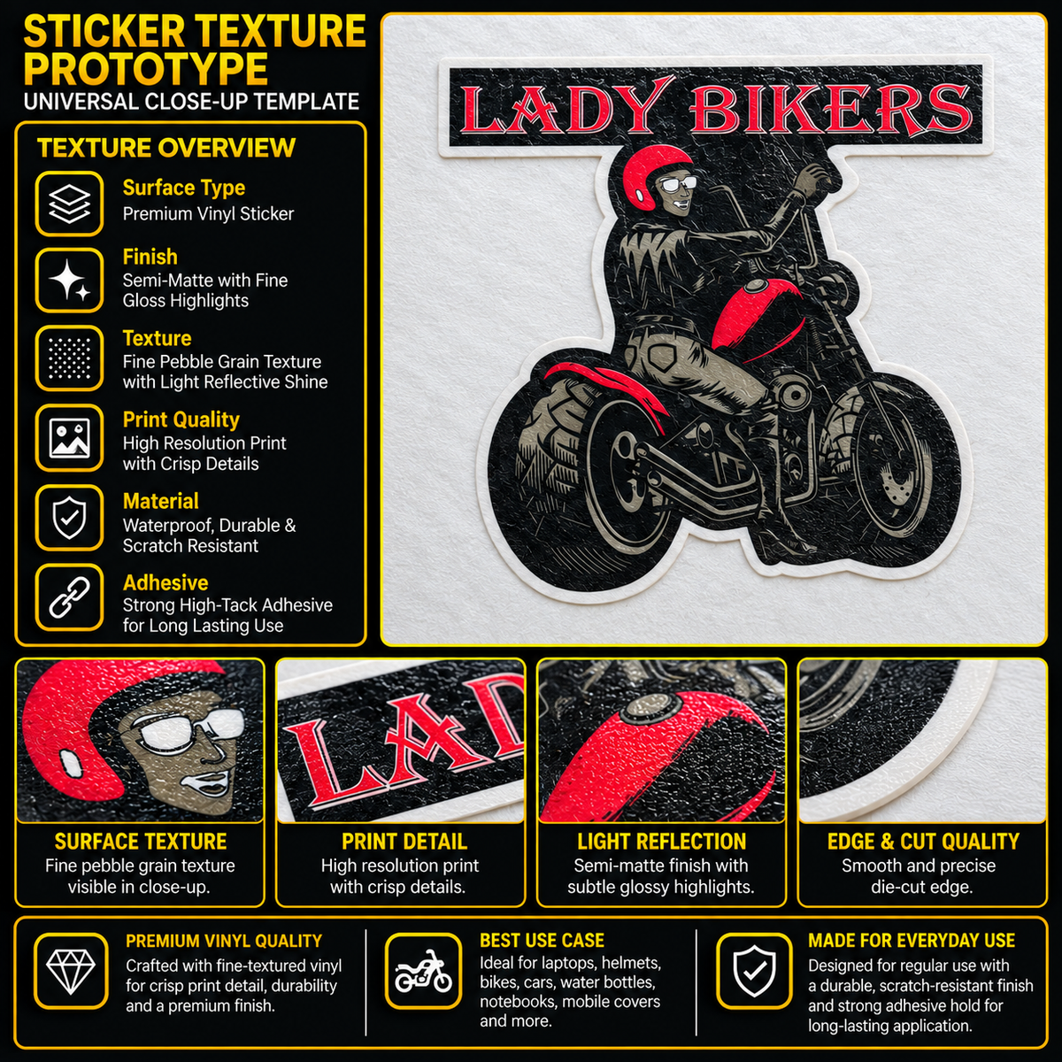 Lady Biker sticker texture infographic showing premium vinyl, semi-matte finish, fine pebble grain and high-resolution print quality
