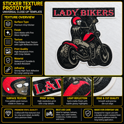 Lady Biker sticker texture infographic showing premium vinyl, semi-matte finish, fine pebble grain and high-resolution print quality