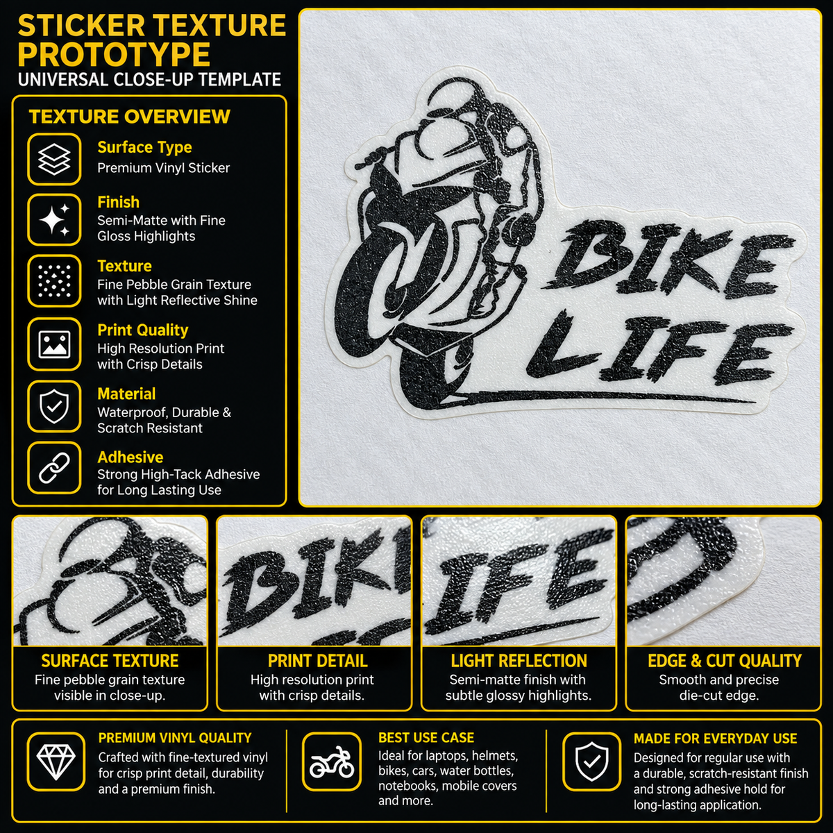 Bike Life premium vinyl sticker showing fine pebble grain texture, semi-matte finish, crisp black print and precision die-cut edge