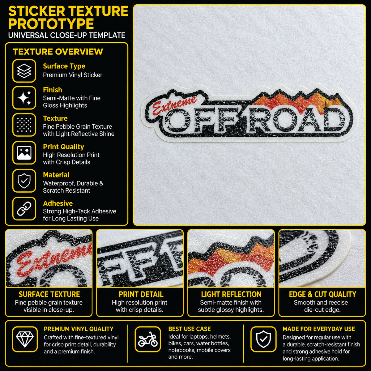 Extreme Off Road motorcycle sticker premium vinyl texture, print quality and die-cut edge detail infographic