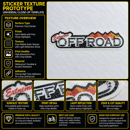 Extreme Off Road motorcycle sticker premium vinyl texture, print quality and die-cut edge detail infographic
