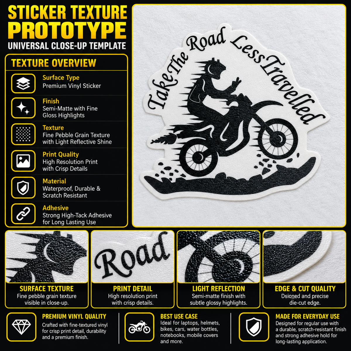 Take The Road Less Travelled motorcycle sticker premium vinyl texture, print quality and die-cut edge detail infographic