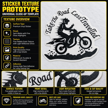 Take The Road Less Travelled motorcycle sticker premium vinyl texture, print quality and die-cut edge detail infographic