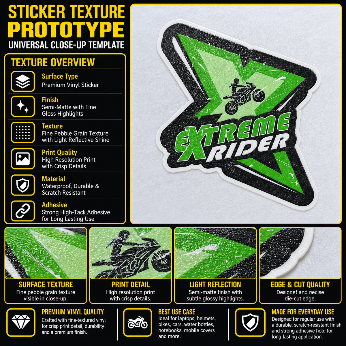Extreme Rider premium vinyl sticker showing semi-matte texture, crisp print detail, reflective finish and die-cut edge