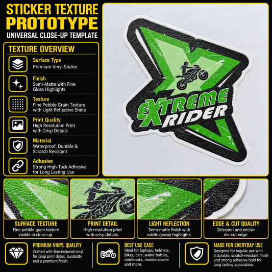 Extreme Rider premium vinyl sticker showing semi-matte texture, crisp print detail, reflective finish and die-cut edge