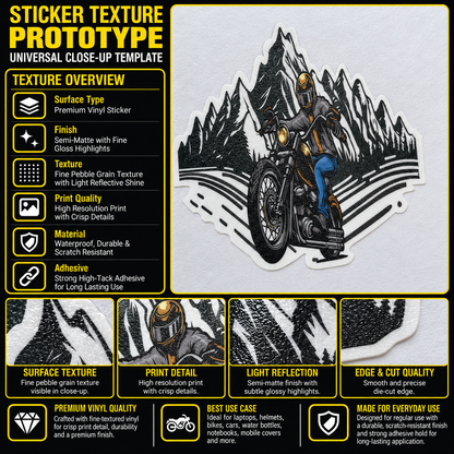 Hill Rider premium vinyl motorcycle sticker texture, print quality and die-cut edge infographic