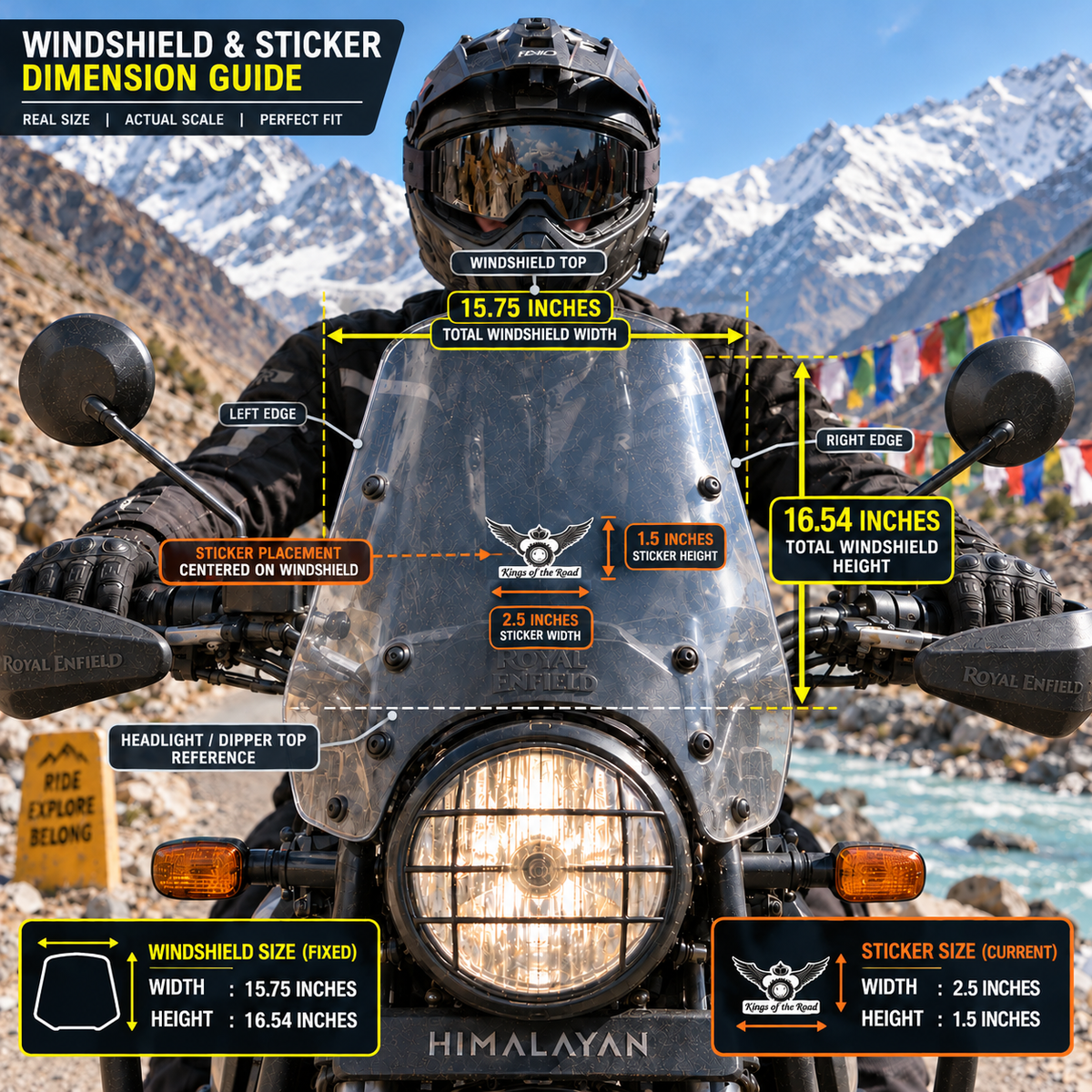 King of the Road motorcycle sticker size and windshield placement infographic showing 2.5 inch width and 1.5 inch height
