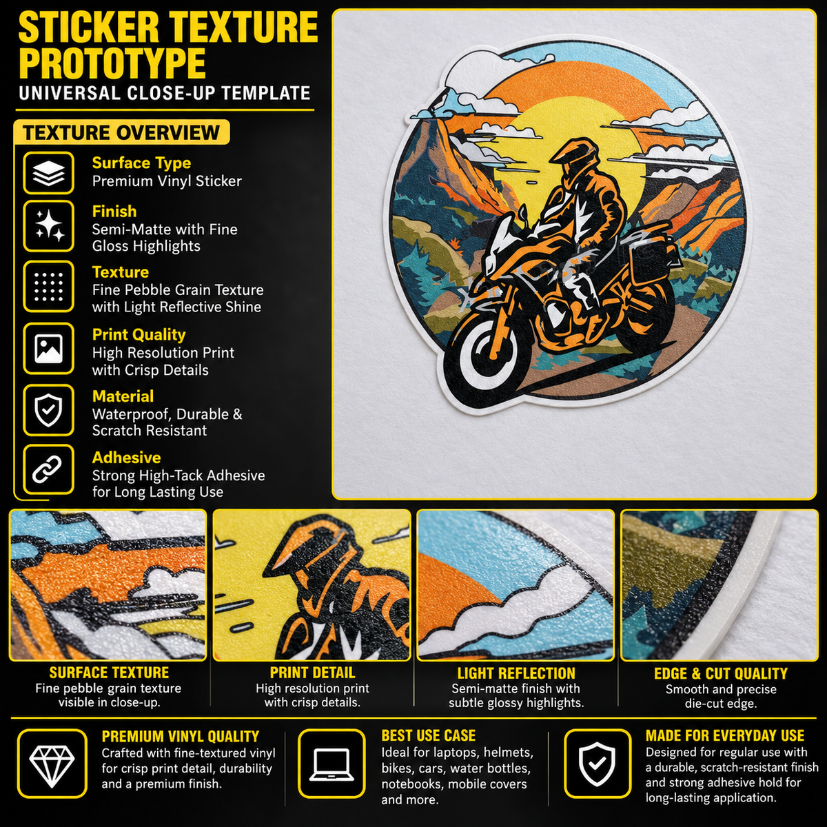 Biker in Himalayas premium vinyl sticker showing fine pebble grain texture, semi-matte finish, colorful mountain artwork and precision-cut edge