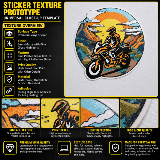 Biker in Himalayas premium vinyl sticker showing fine pebble grain texture, semi-matte finish, colorful mountain artwork and precision-cut edge