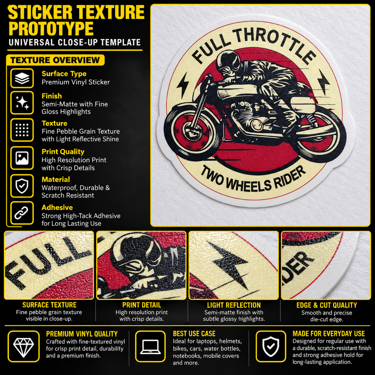 Full Throttle two wheels rider vinyl sticker texture, print quality and die-cut edge infographic