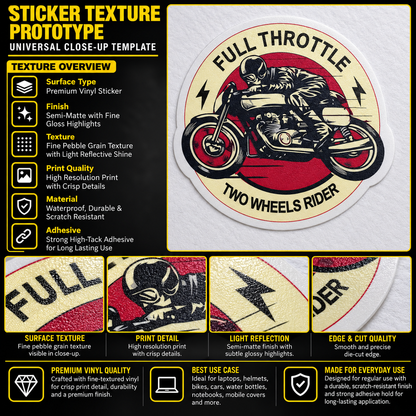 Full Throttle two wheels rider vinyl sticker texture, print quality and die-cut edge infographic