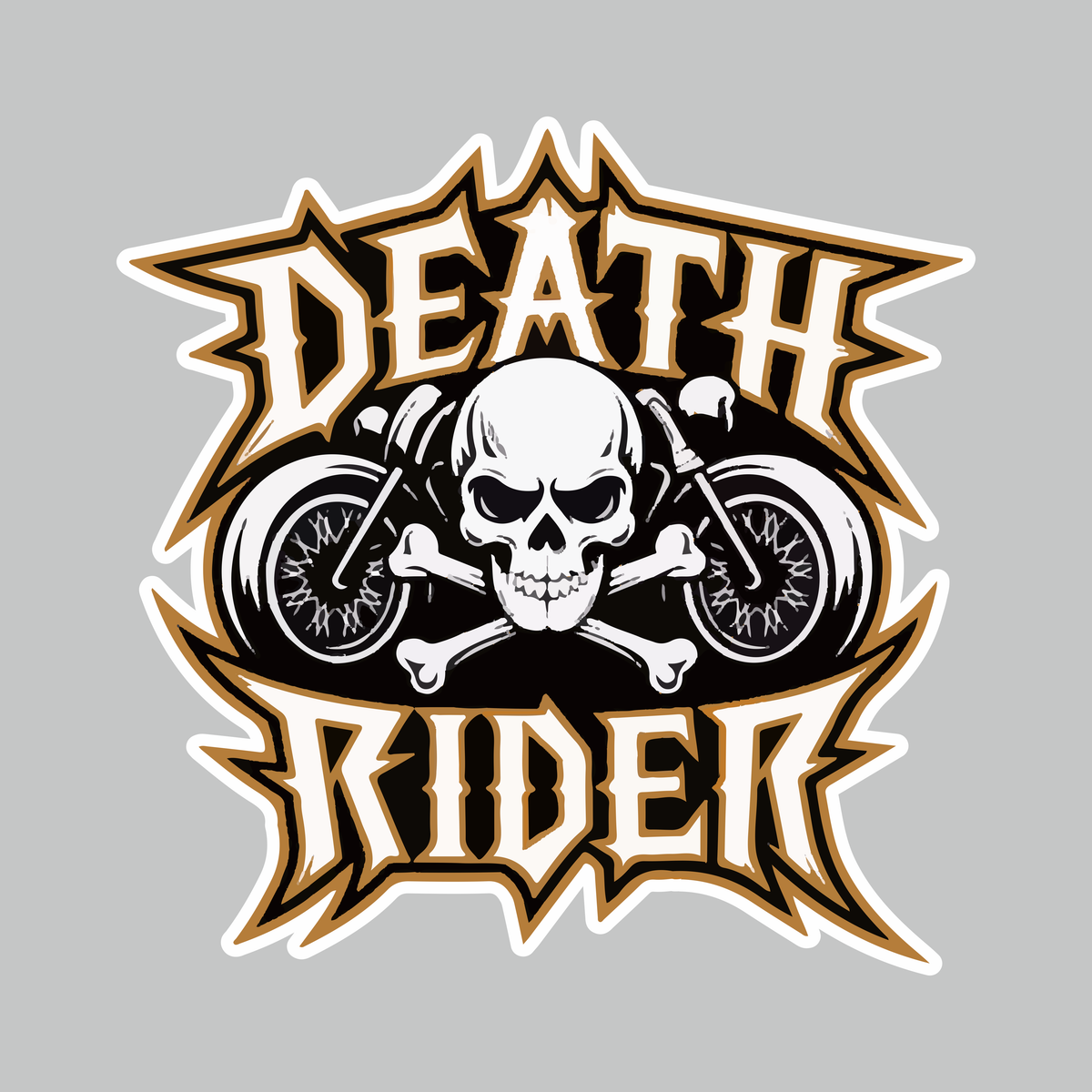 Death Rider skull motorcycle sticker artwork with crossbones, twin motorcycles and black white gold biker design
