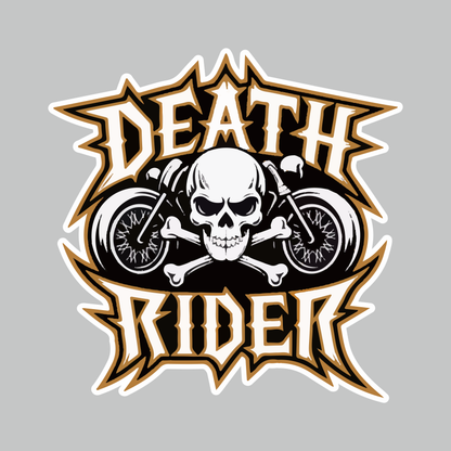 Death Rider skull motorcycle sticker artwork with crossbones, twin motorcycles and black white gold biker design