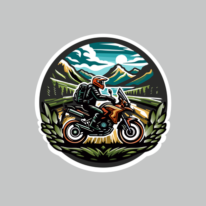 Flowers Circle Biker sticker with adventure motorcycle rider, mountains and nature landscape design